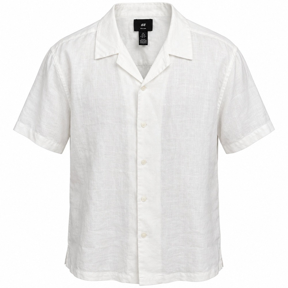 H&M Men XL White 100% Linen Relaxed Fit Short Sleeve Camp Collar Button Up Shirt
